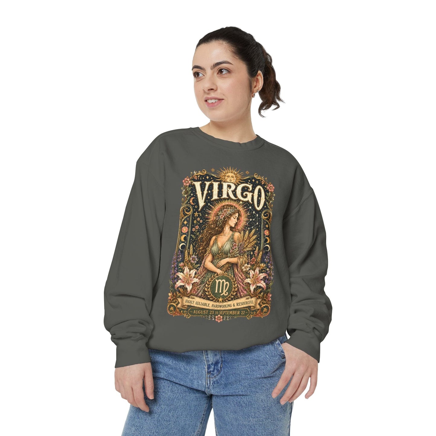 Virgo Zodiac Garment-Dyed Sweatshirt – Mystic Maiden Artwork