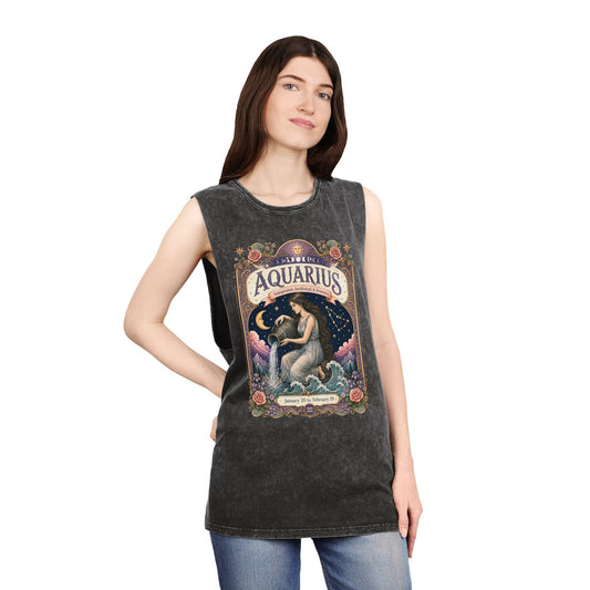 Aquarius Zodiac Stonewash Tank Top – Cosmic Water Bearer Artwork
