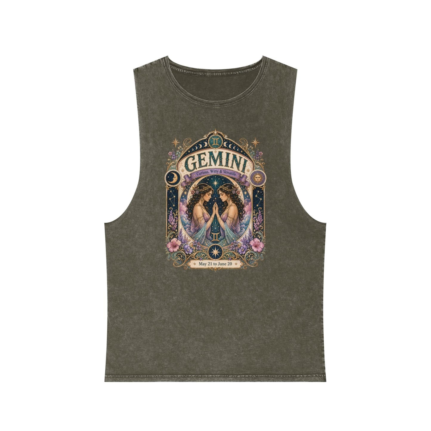 Gemini Zodiac Stonewash Tank Top – Cosmic Twins Artwork