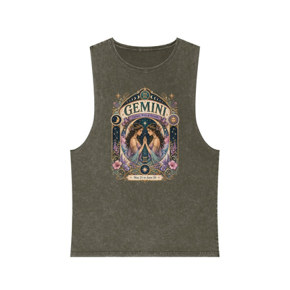 Gemini Zodiac Stonewash Tank Top – Cosmic Twins Artwork