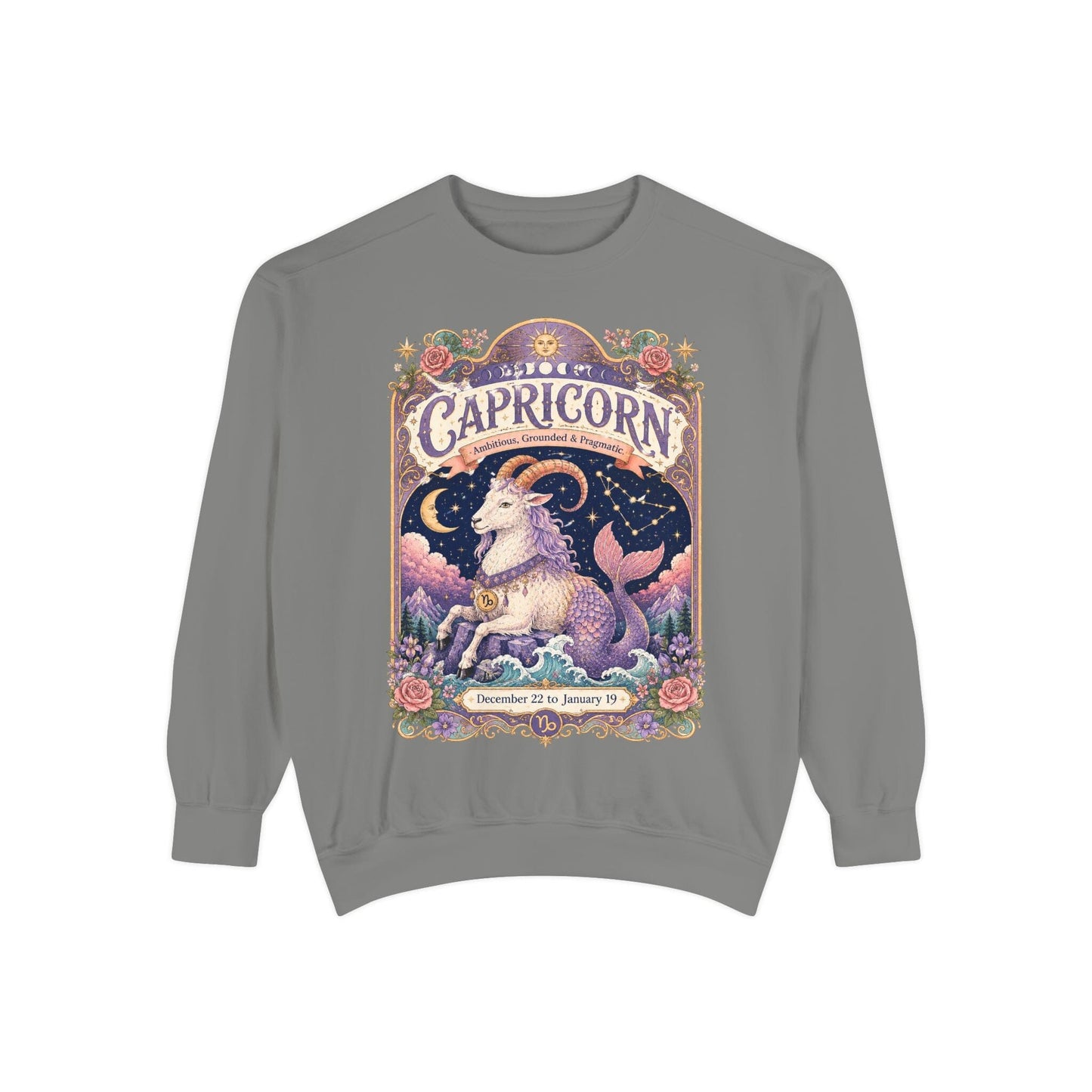 Capricorn Zodiac Garment-Dyed Sweatshirt – Mystic Sea Goat Artwork