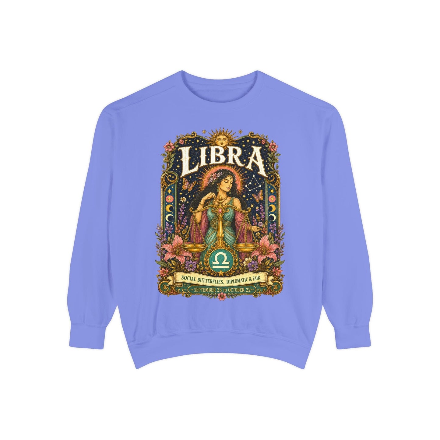 Libra Zodiac Garment-Dyed Sweatshirt – Mystic Scales Artwork
