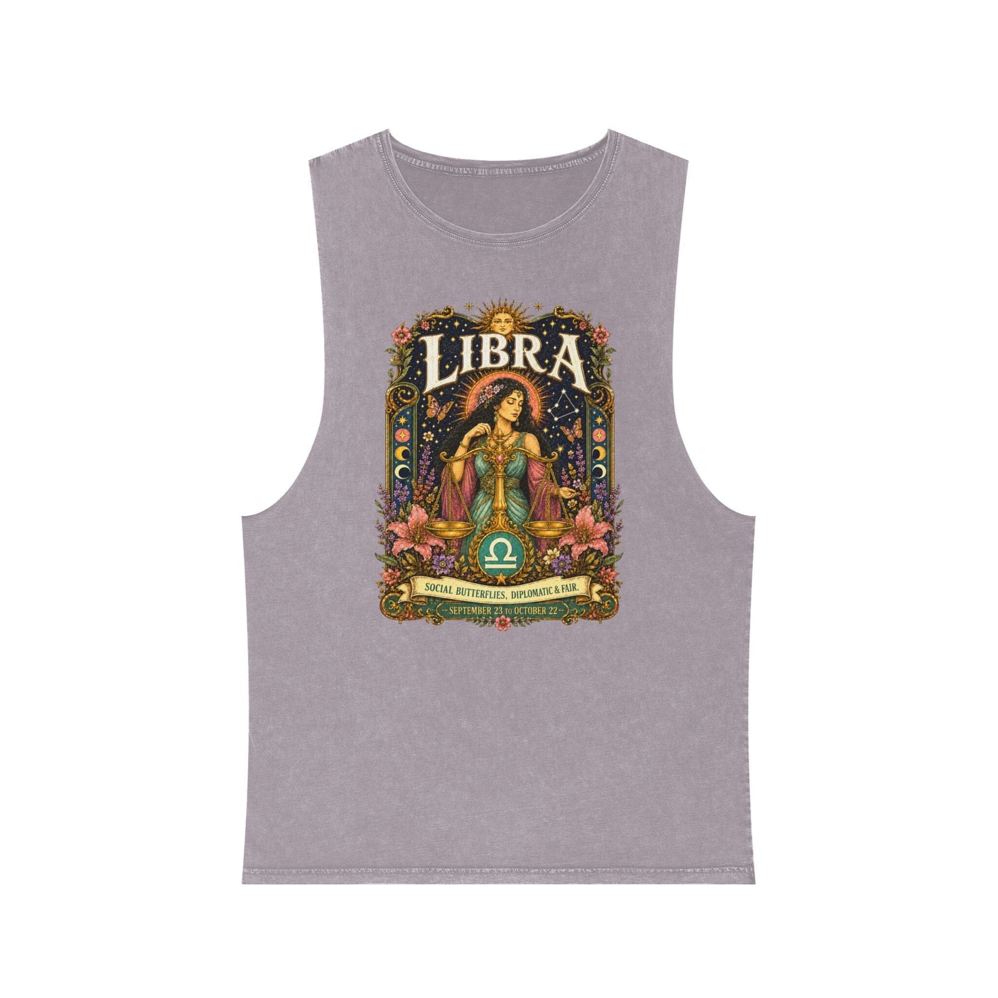 Libra Zodiac Stonewash Tank Top – Cosmic Scales Artwork