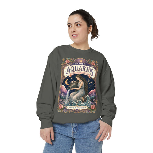 Aquarius Zodiac Garment-Dyed Sweatshirt – Mystic Water Bearer Artwork