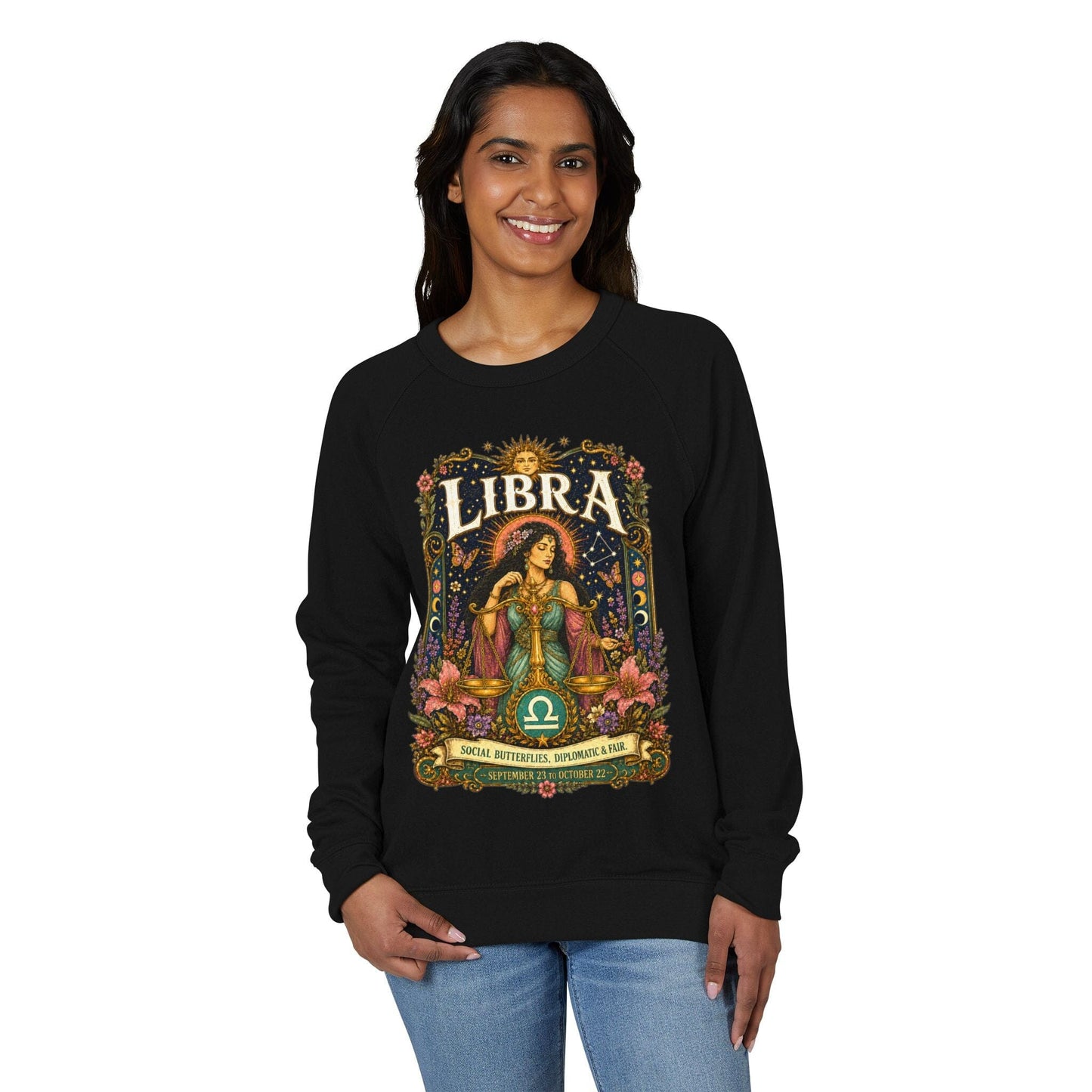 Libra Zodiac Raglan Sweatshirt – Ethereal Scales Artwork