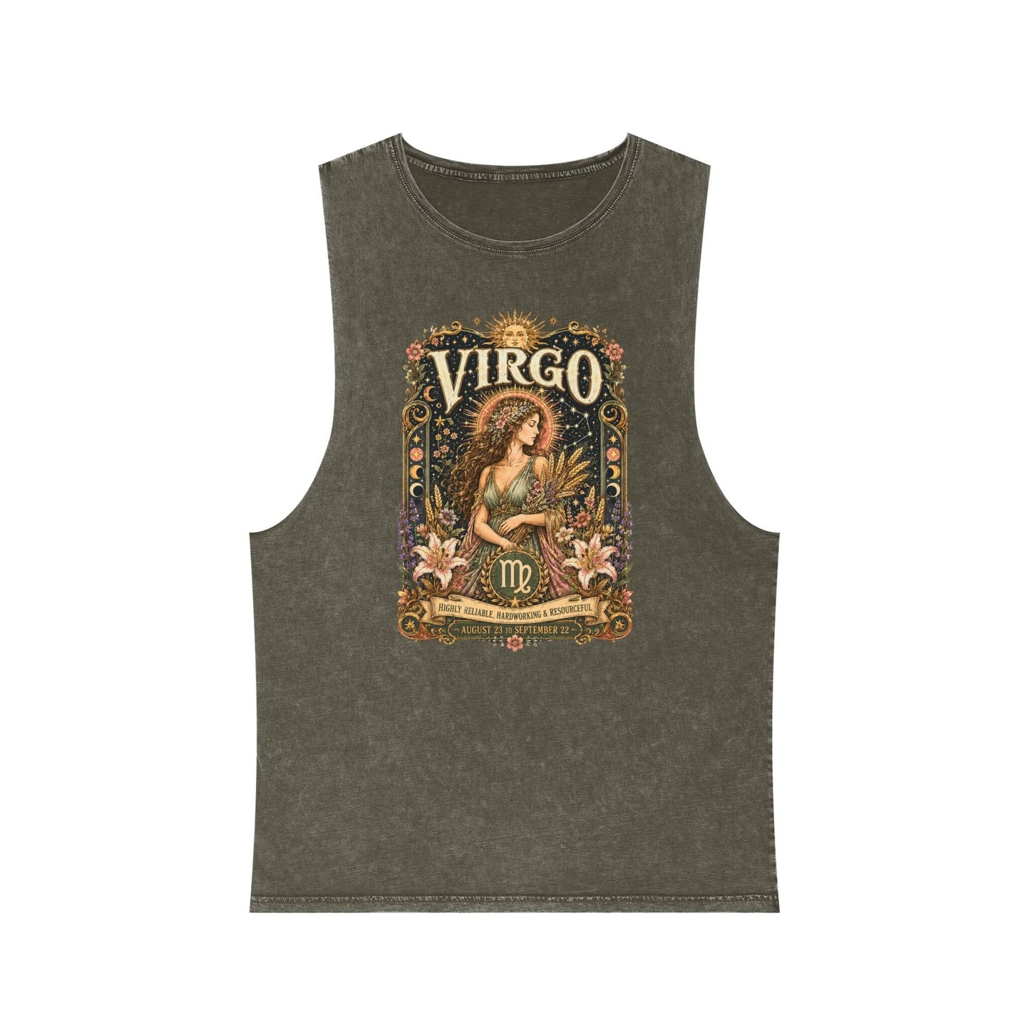 Virgo Zodiac Stonewash Tank Top – Cosmic Maiden Artwork
