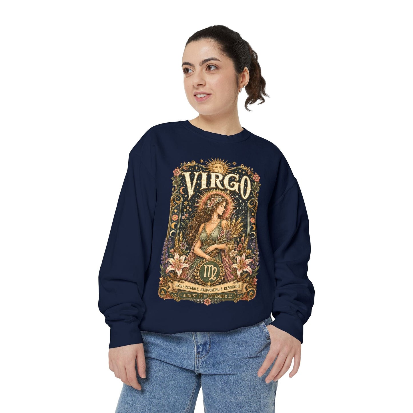 Virgo Zodiac Garment-Dyed Sweatshirt – Mystic Maiden Artwork