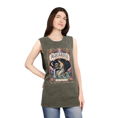 Aquarius Zodiac Stonewash Tank Top – Cosmic Water Bearer Artwork