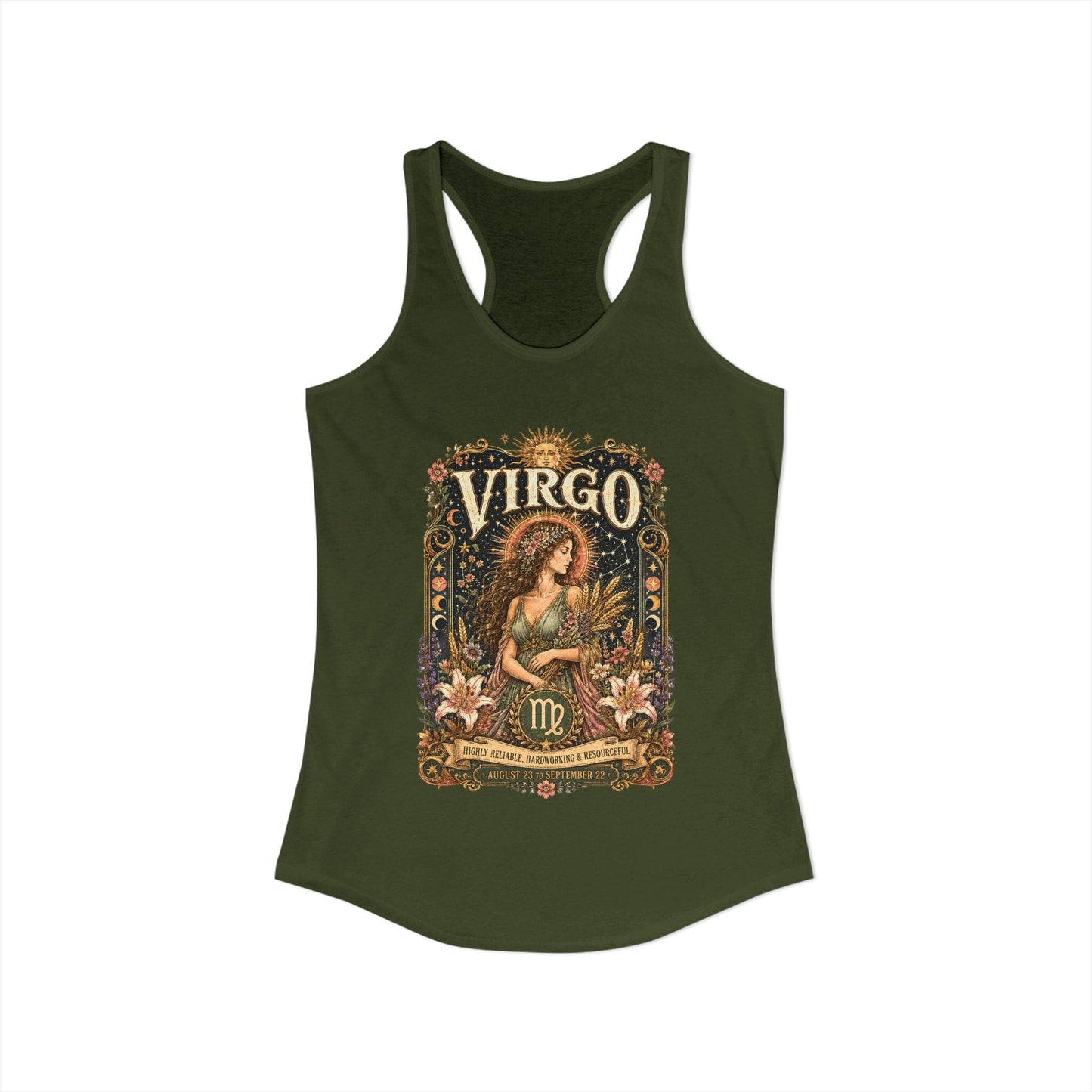 Virgo Zodiac Women's Racerback Tank – Ornate Maiden Artwork