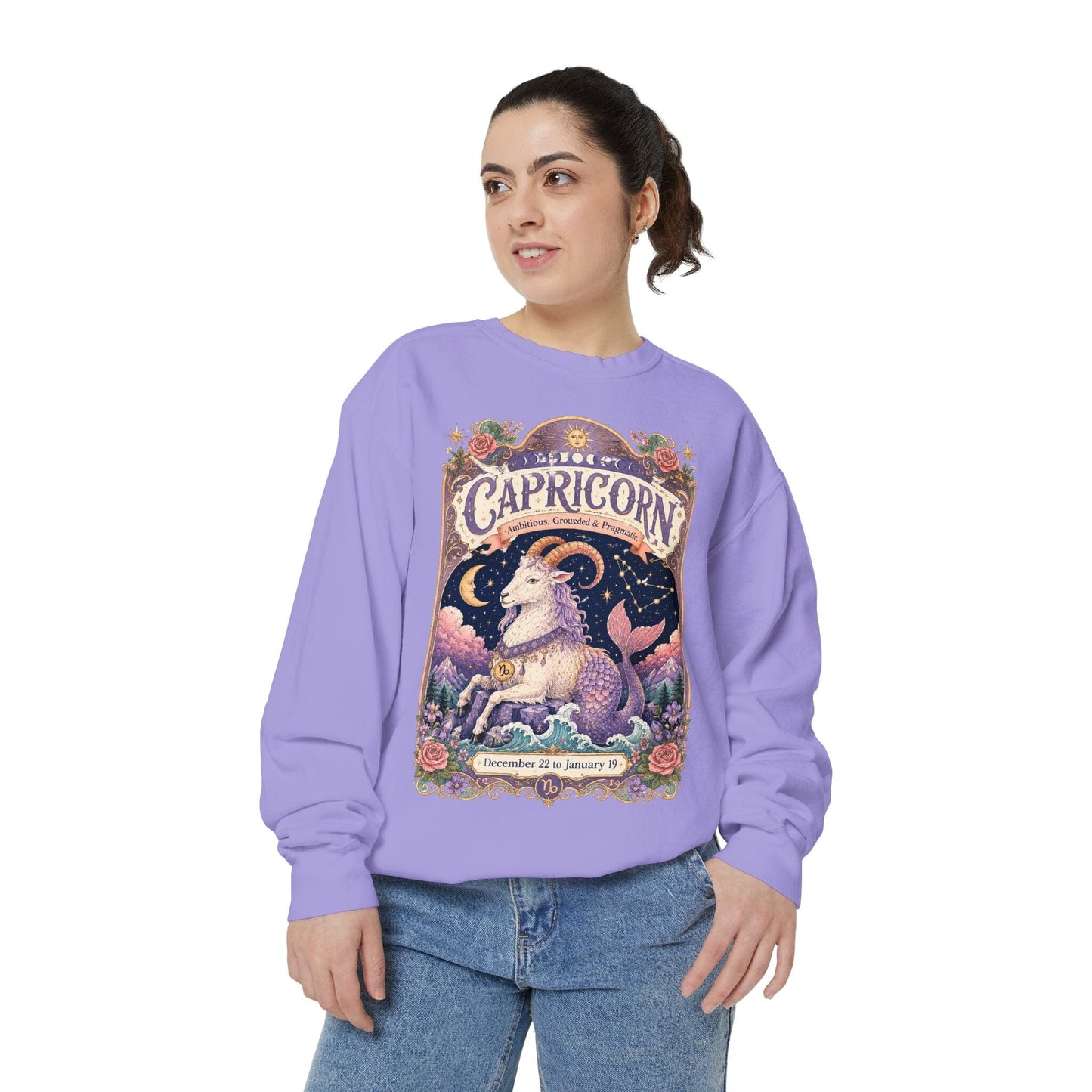 Capricorn Zodiac Garment-Dyed Sweatshirt – Mystic Sea Goat Artwork