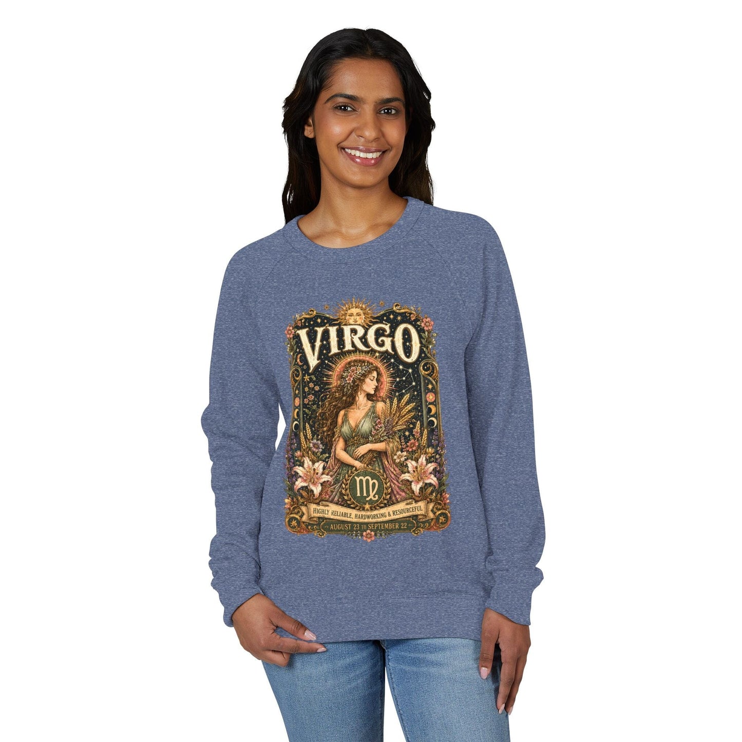 Virgo Zodiac Raglan Sweatshirt – Ethereal Maiden Artwork