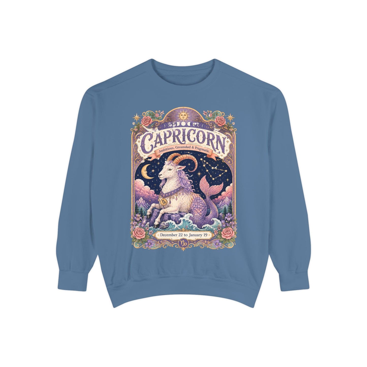 Capricorn Zodiac Garment-Dyed Sweatshirt – Mystic Sea Goat Artwork