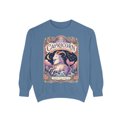 Capricorn Zodiac Garment-Dyed Sweatshirt – Mystic Sea Goat Artwork