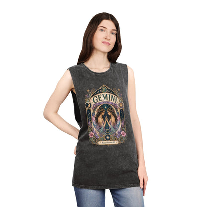 Gemini Zodiac Stonewash Tank Top – Cosmic Twins Artwork