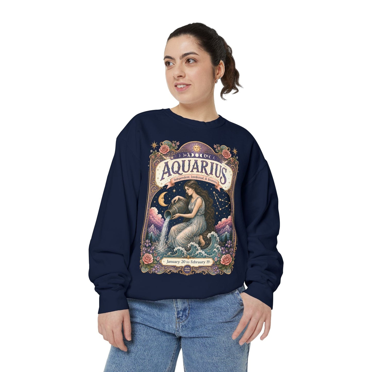 Aquarius Zodiac Garment-Dyed Sweatshirt – Mystic Water Bearer Artwork