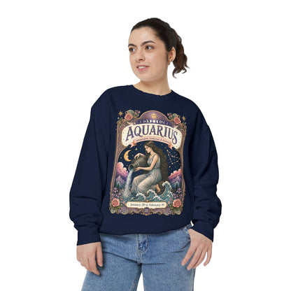 Aquarius Zodiac Garment-Dyed Sweatshirt – Mystic Water Bearer Artwork