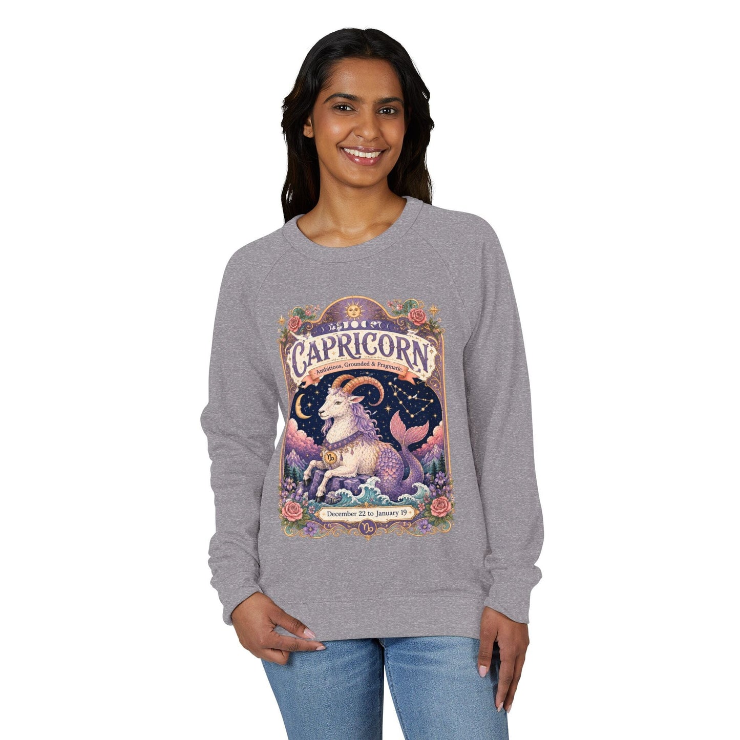 Capricorn Zodiac Raglan Sweatshirt – Ethereal Sea Goat Artwork