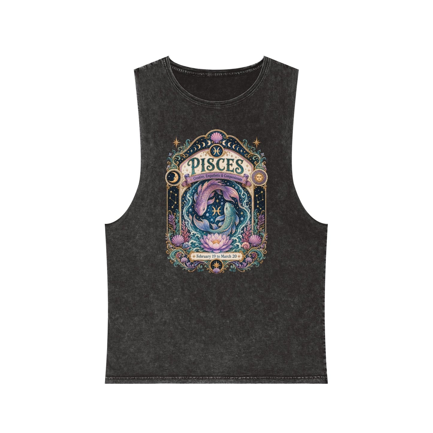 Pisces Zodiac Stonewash Tank Top – Cosmic Fish Artwork