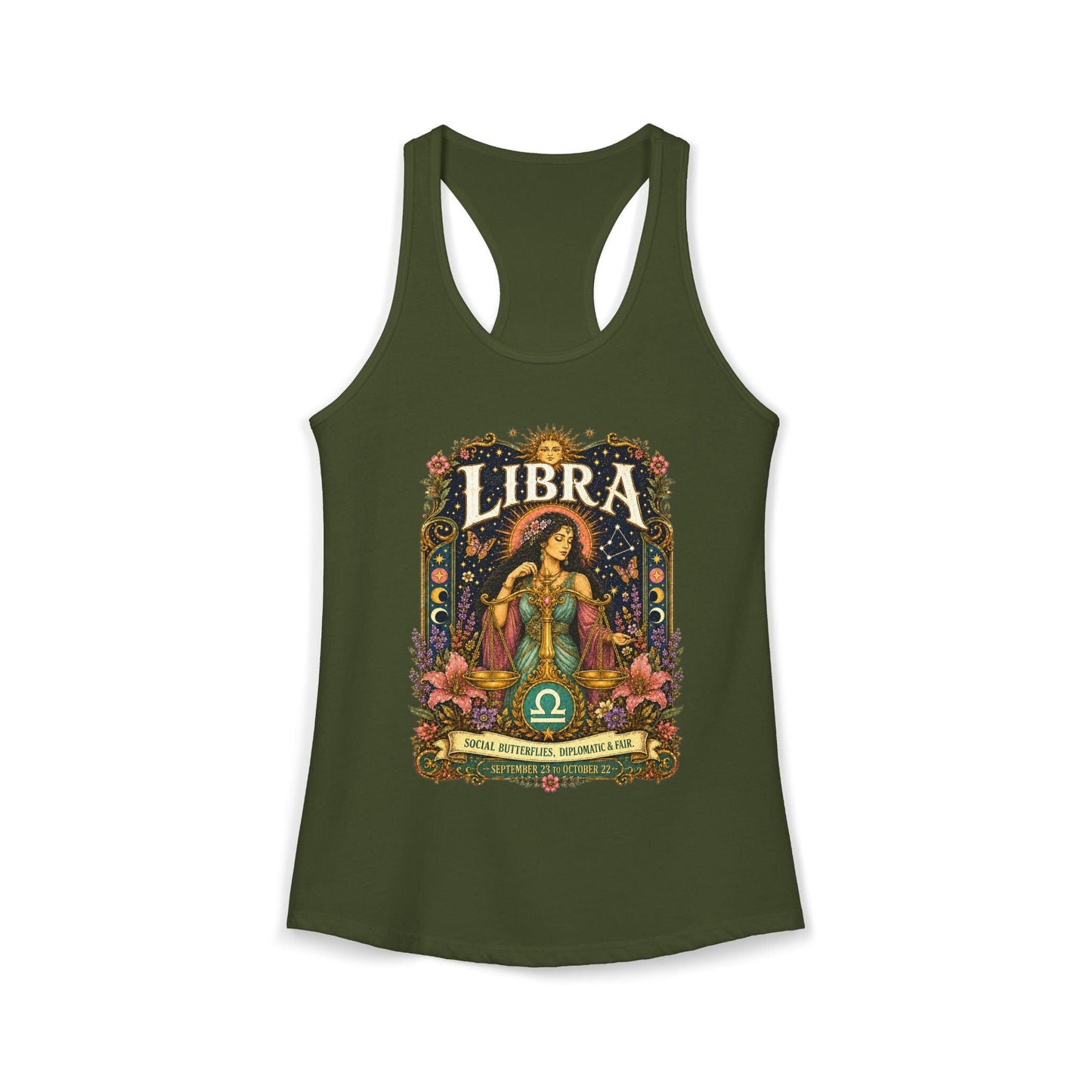 Libra Zodiac Women's Racerback Tank – Ornate Scales Artwork