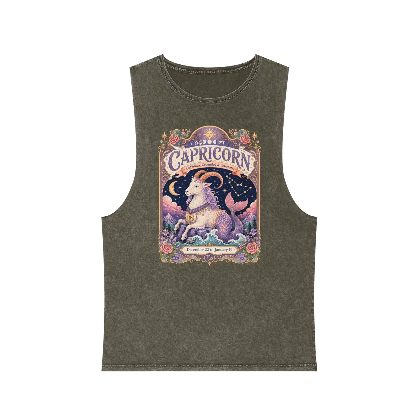 Capricorn Zodiac Stonewash Tank Top – Cosmic Sea Goat Artwork