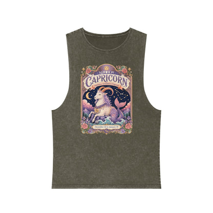 Capricorn Zodiac Stonewash Tank Top – Cosmic Sea Goat Artwork