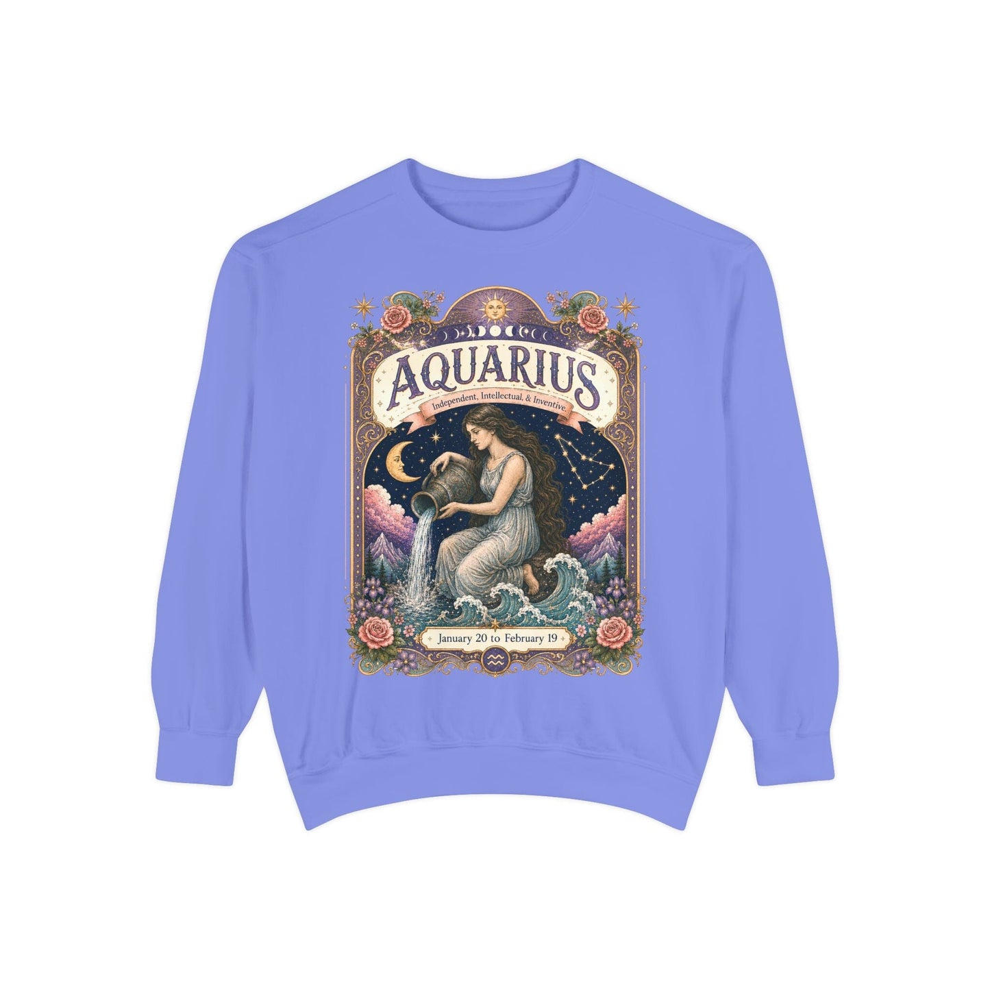 Aquarius Zodiac Garment-Dyed Sweatshirt – Mystic Water Bearer Artwork