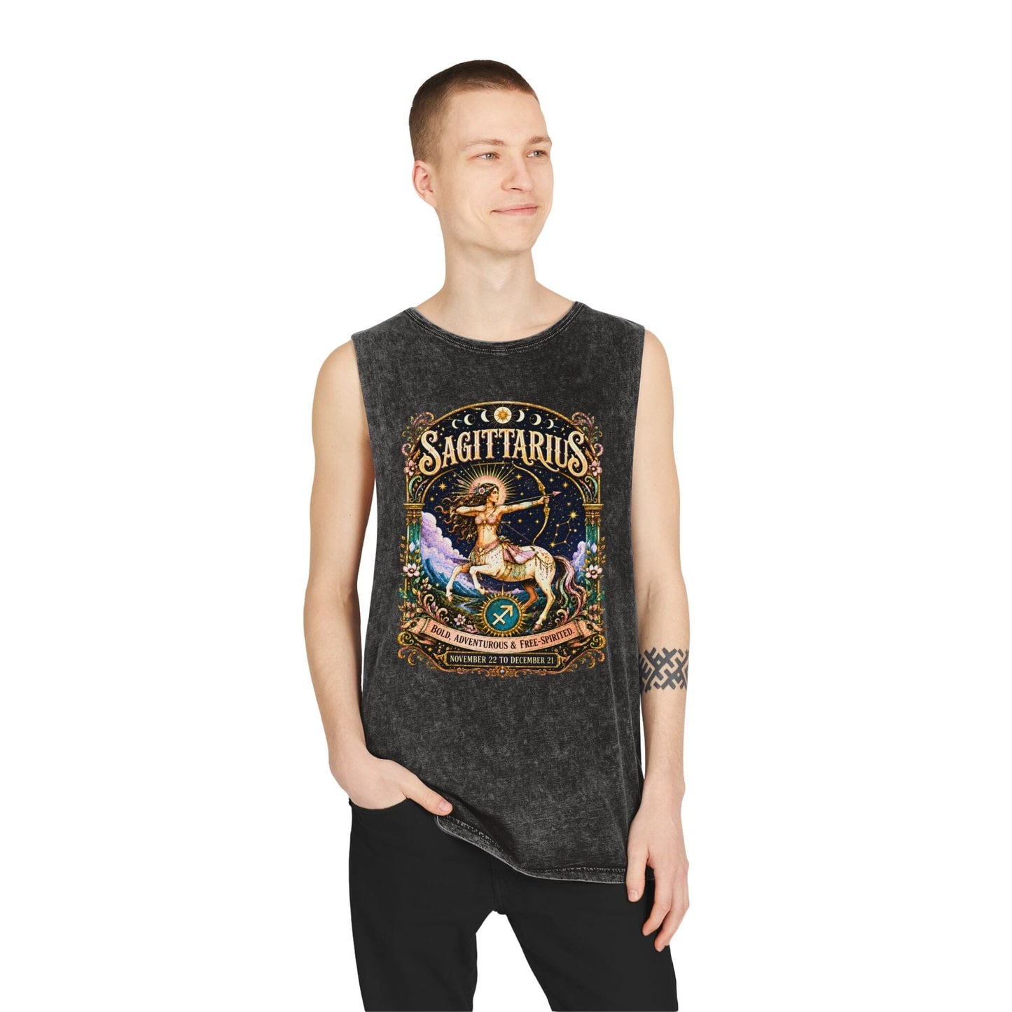 Sagittarius Zodiac Stonewash Tank Top – Cosmic Archer Artwork