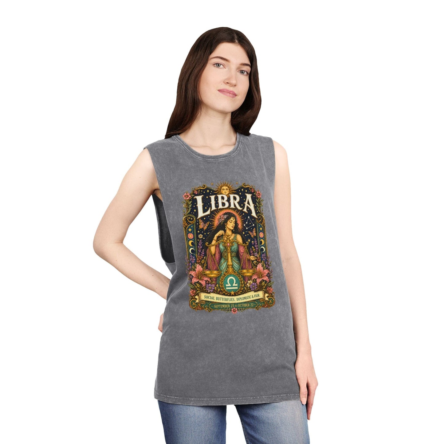 Libra Zodiac Stonewash Tank Top – Cosmic Scales Artwork