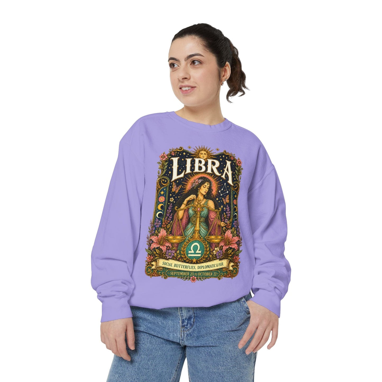 Libra Zodiac Garment-Dyed Sweatshirt – Mystic Scales Artwork