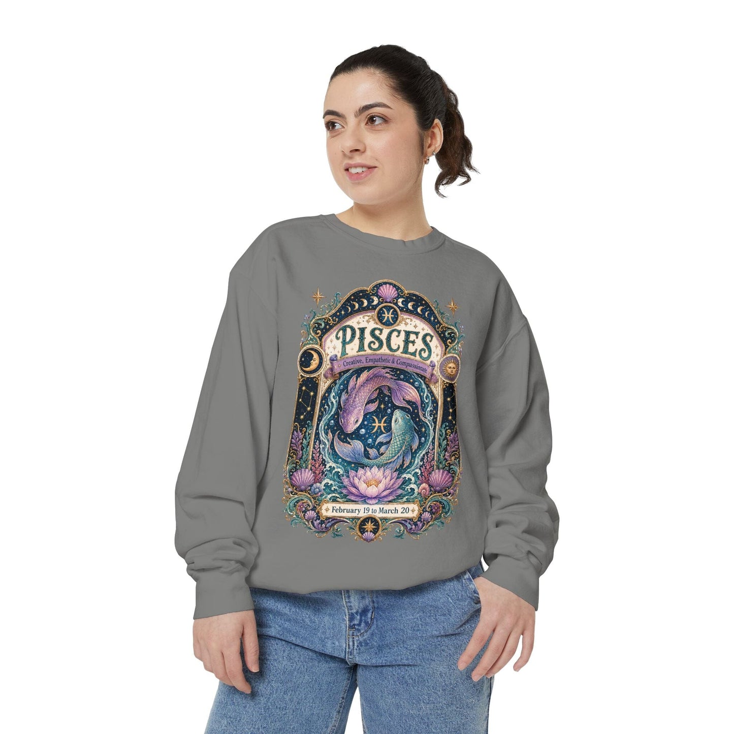 Pisces Zodiac Garment-Dyed Sweatshirt – Mystic Fish Artwork