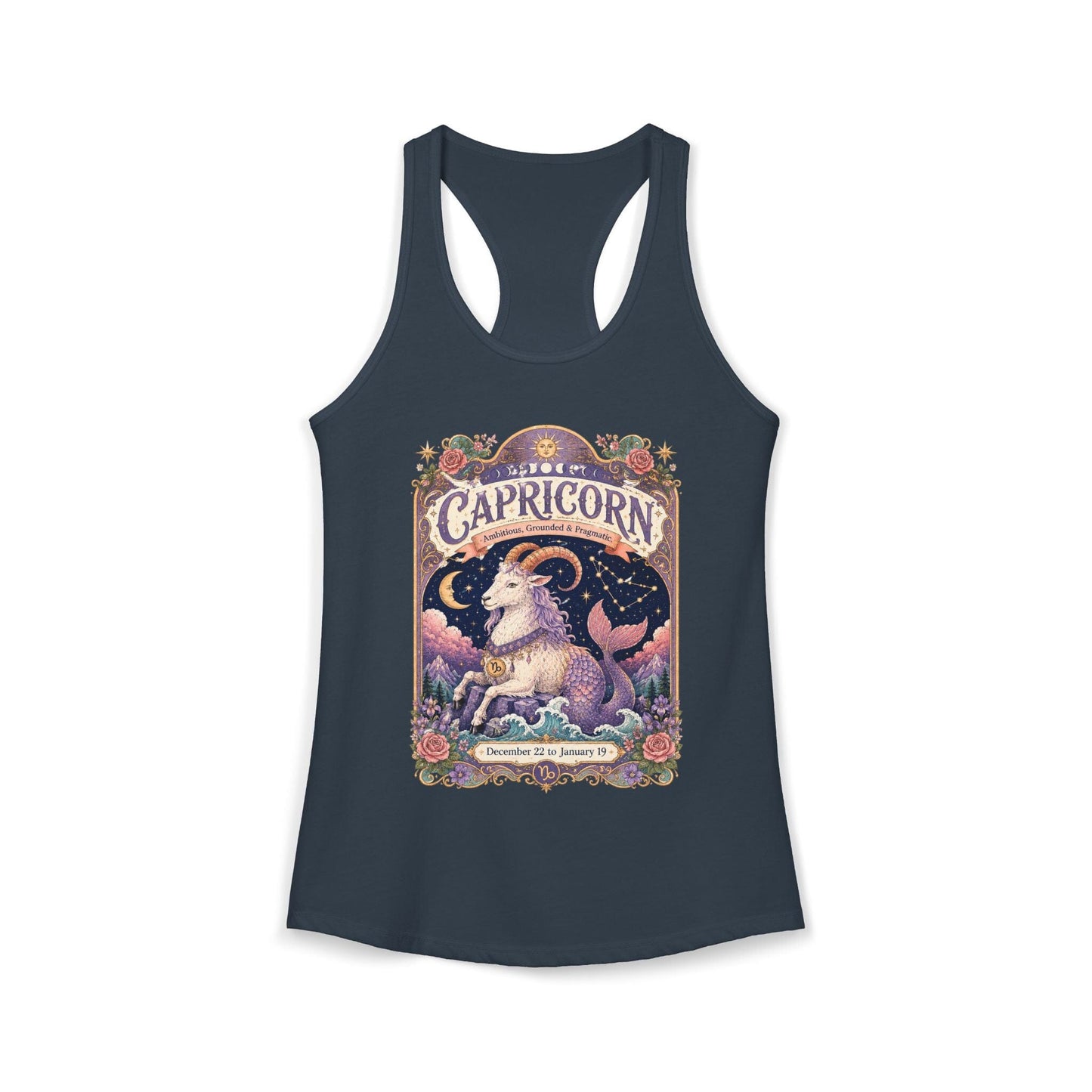 Capricorn Zodiac Women's Racerback Tank – Ornate Sea Goat Artwork