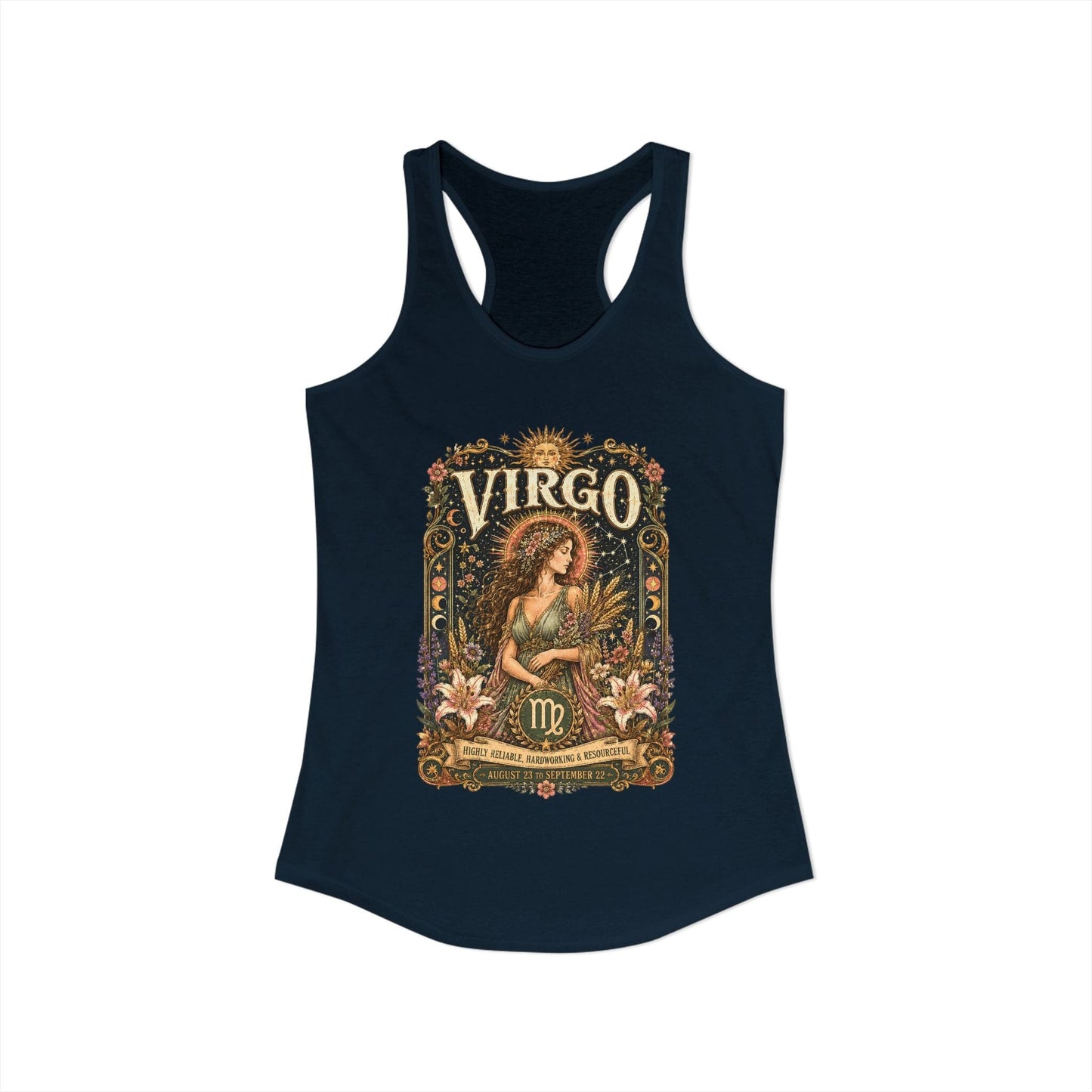 Virgo Zodiac Women's Racerback Tank – Ornate Maiden Artwork