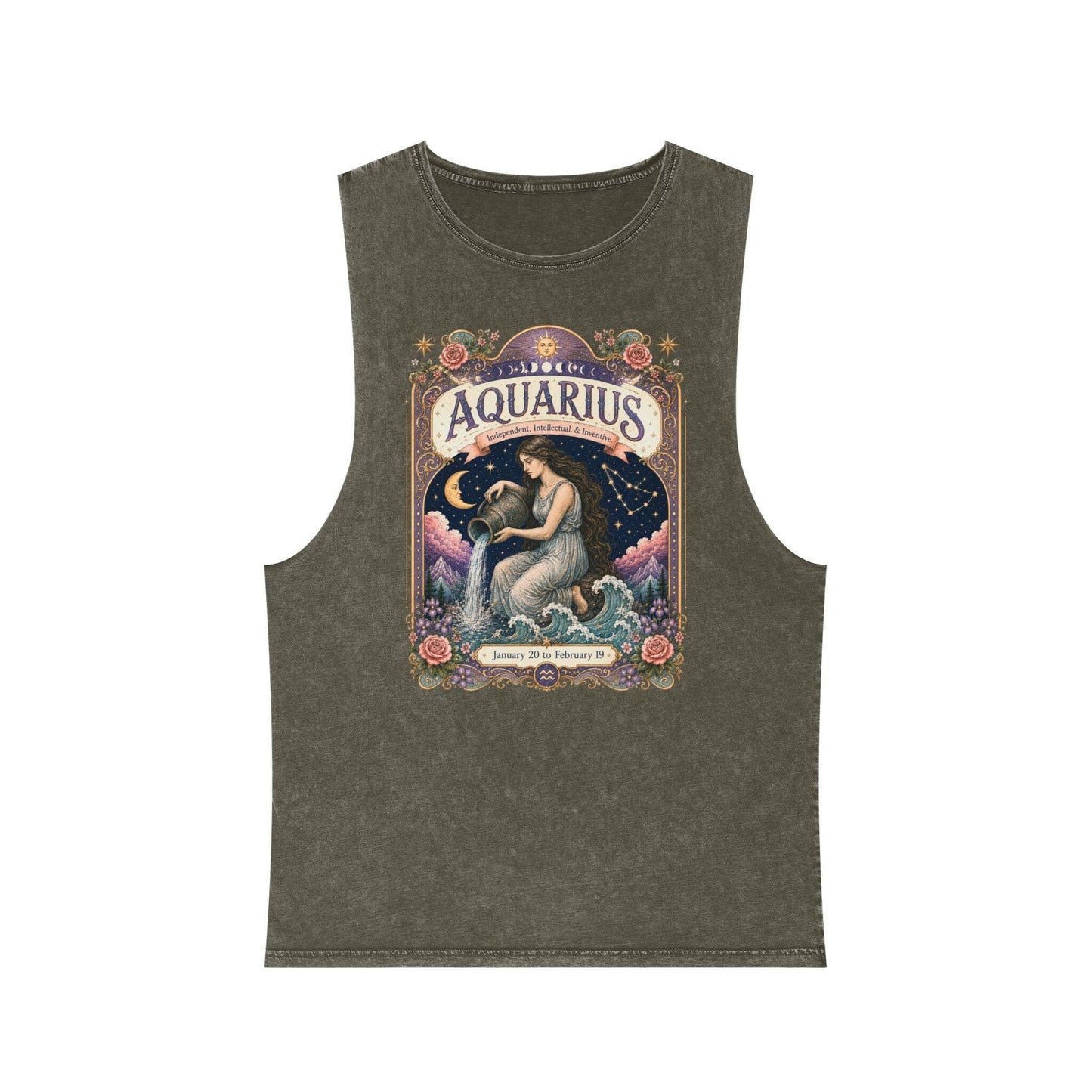 Aquarius Zodiac Stonewash Tank Top – Cosmic Water Bearer Artwork