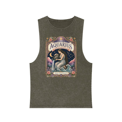 Aquarius Zodiac Stonewash Tank Top – Cosmic Water Bearer Artwork