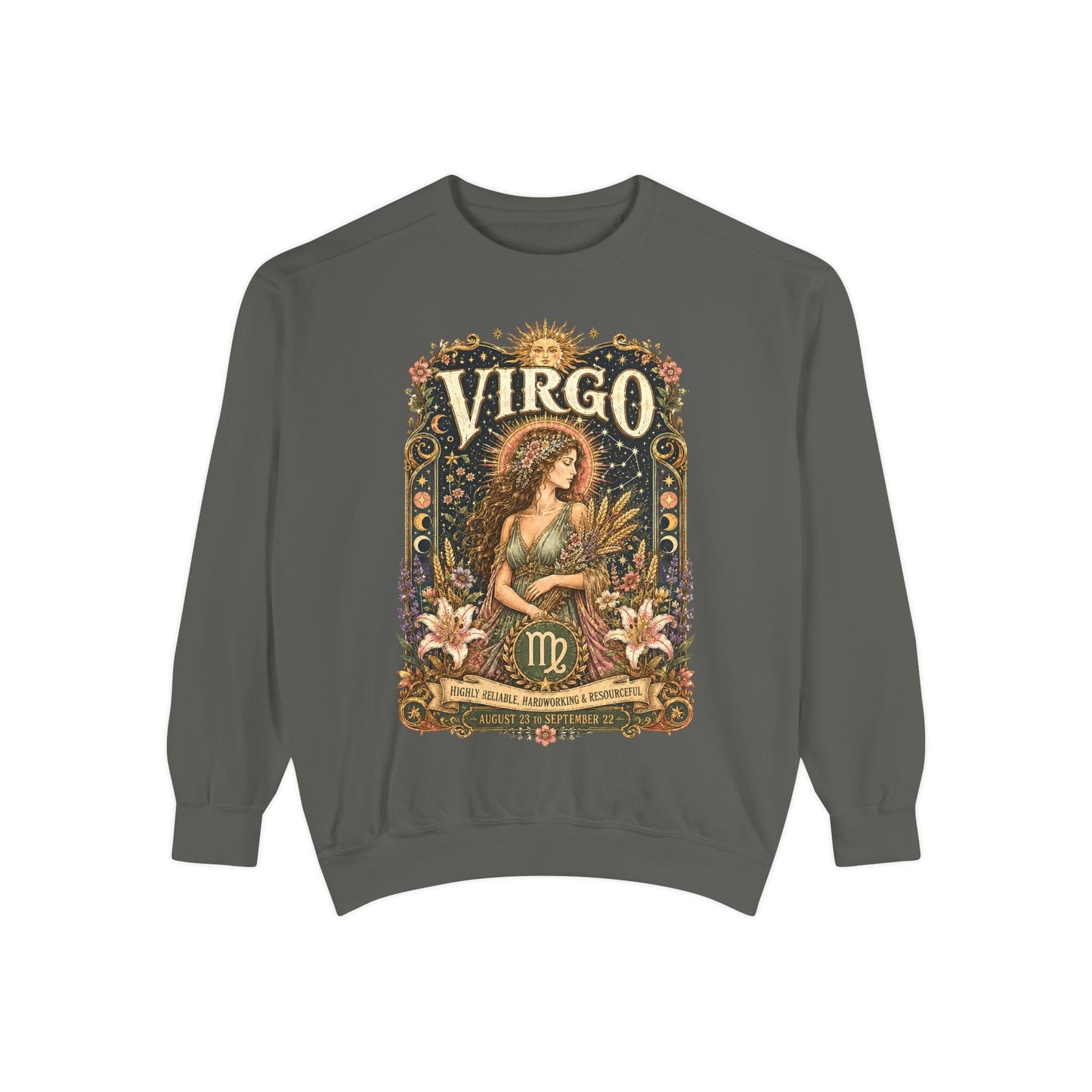 Virgo Zodiac Garment-Dyed Sweatshirt – Mystic Maiden Artwork