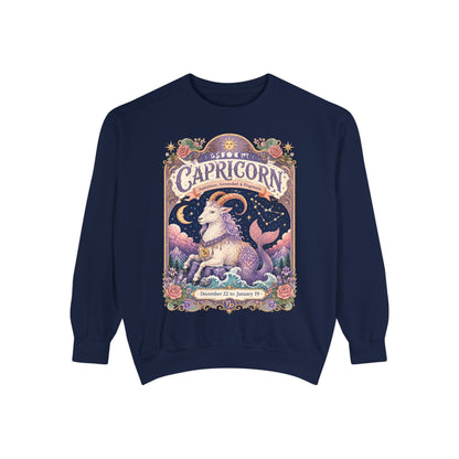 Capricorn Zodiac Garment-Dyed Sweatshirt – Mystic Sea Goat Artwork