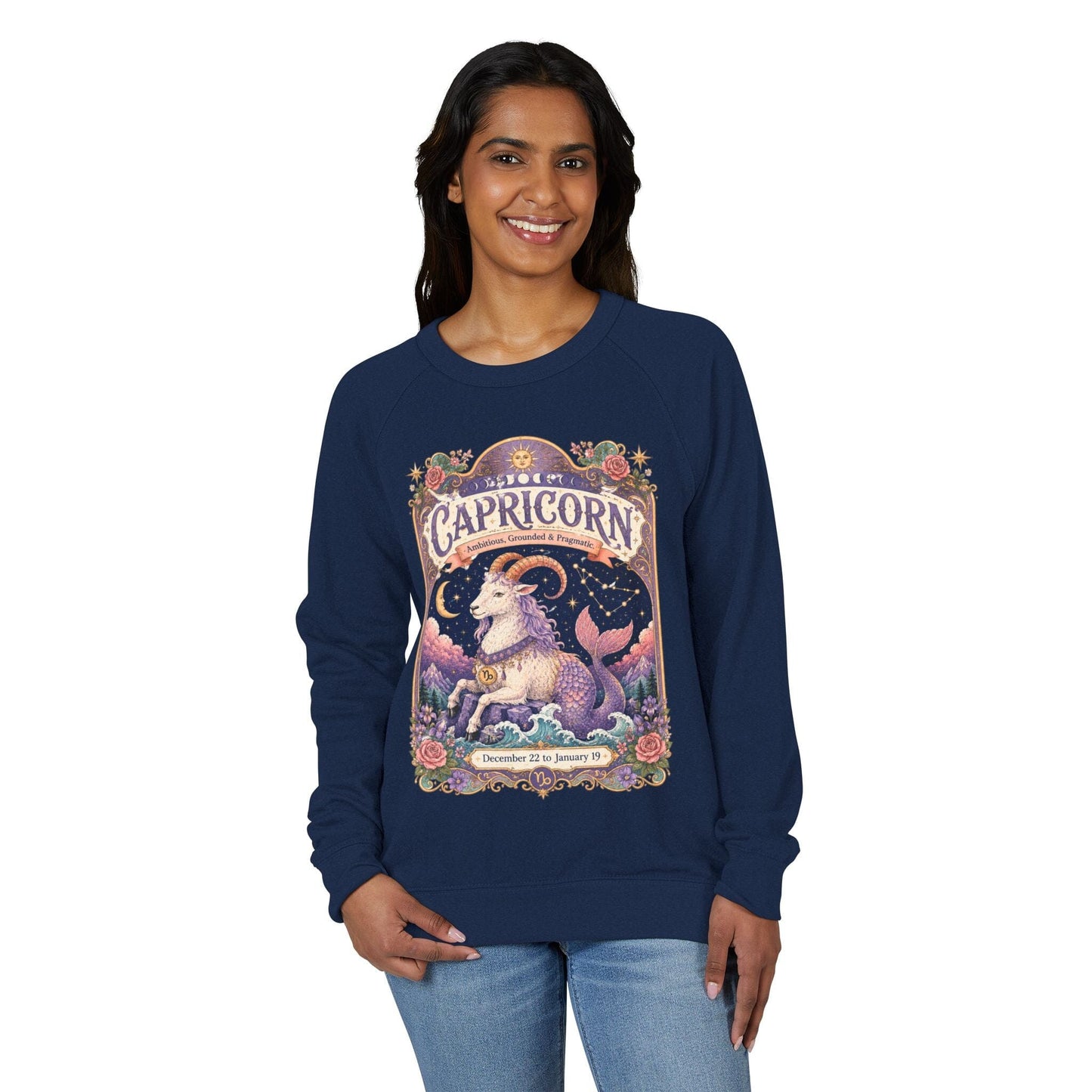 Capricorn Zodiac Raglan Sweatshirt – Ethereal Sea Goat Artwork