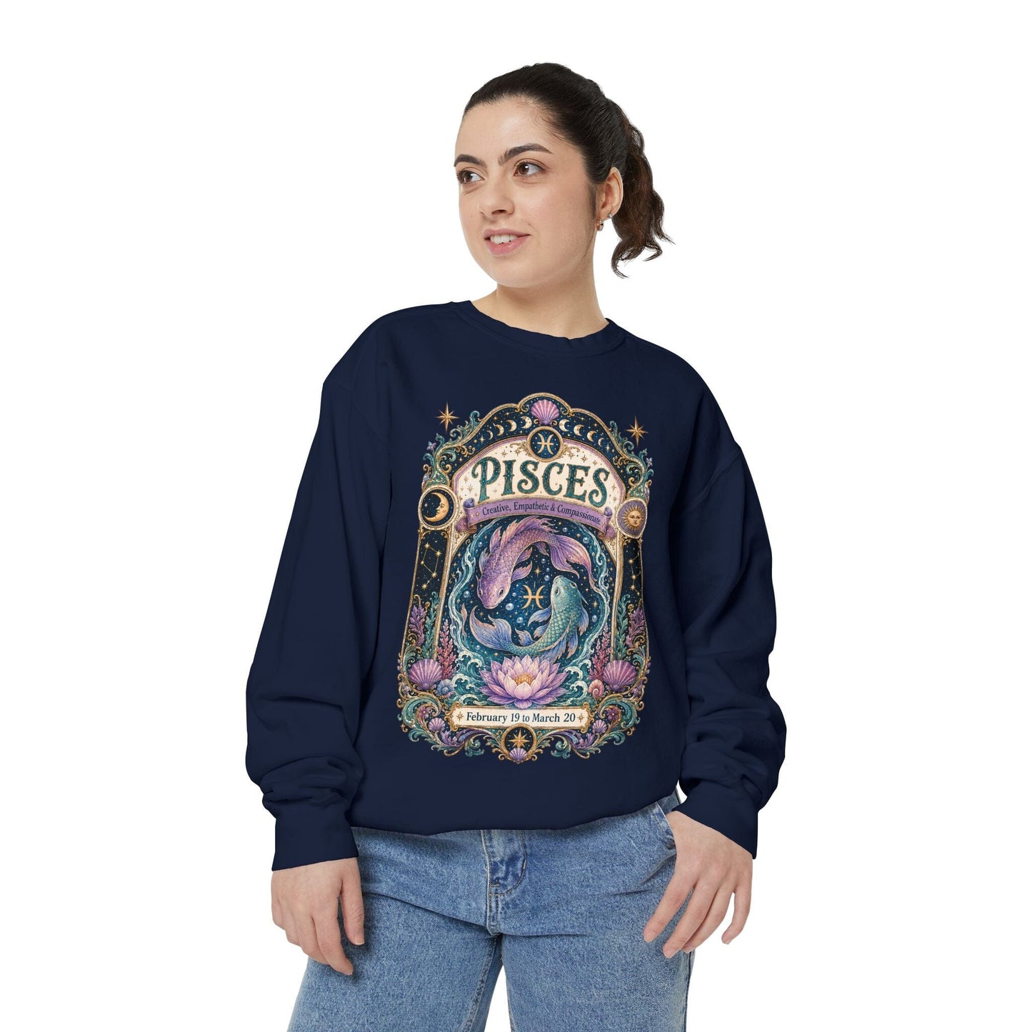 Pisces Zodiac Garment-Dyed Sweatshirt – Mystic Fish Artwork