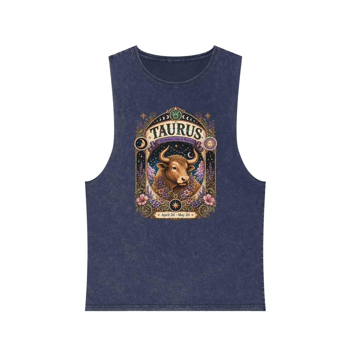 Taurus Zodiac Stonewash Tank Top – Cosmic Bull Artwork