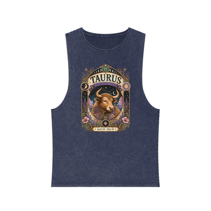 Taurus Zodiac Stonewash Tank Top – Cosmic Bull Artwork