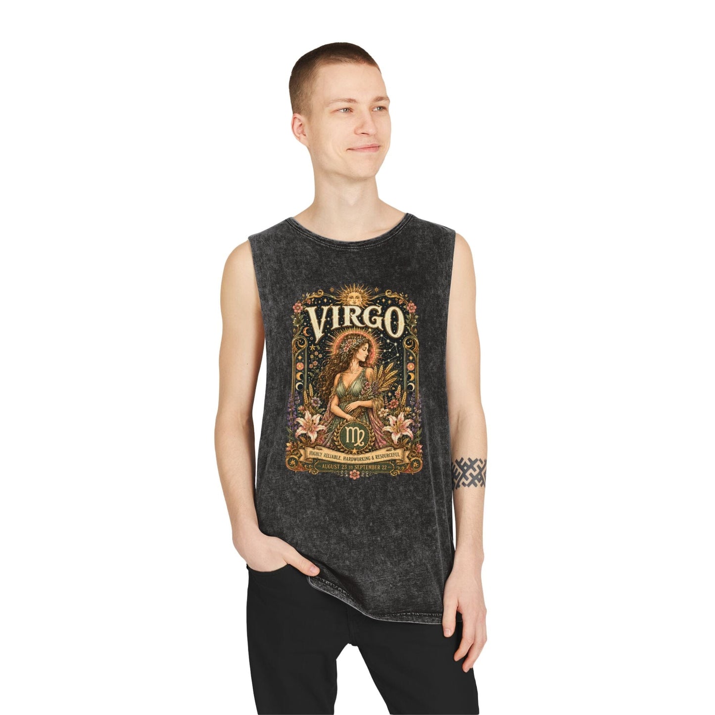 Virgo Zodiac Stonewash Tank Top – Cosmic Maiden Artwork