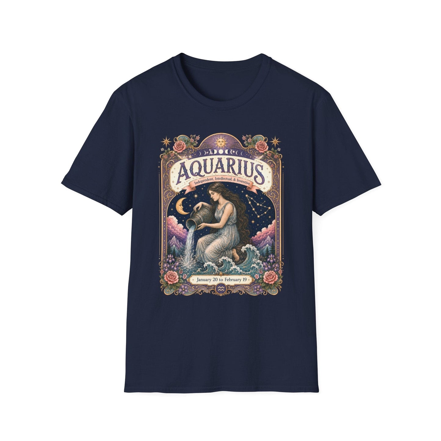 Aquarius Zodiac Softstyle T-Shirt – Celestial Water Bearer Artwork