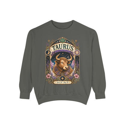 Taurus Zodiac Garment-Dyed Sweatshirt – Mystic Bull Artwork