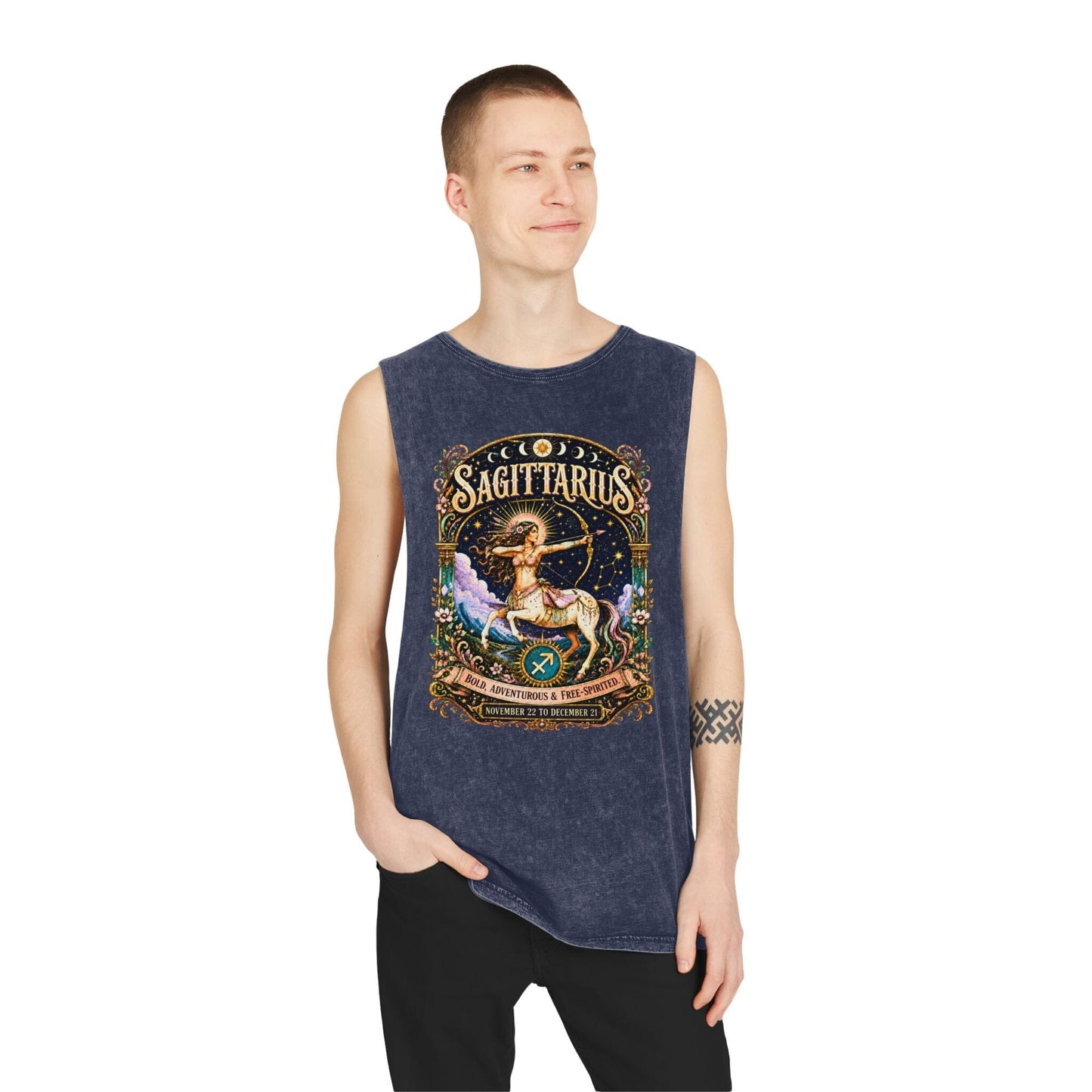 Sagittarius Zodiac Stonewash Tank Top – Cosmic Archer Artwork
