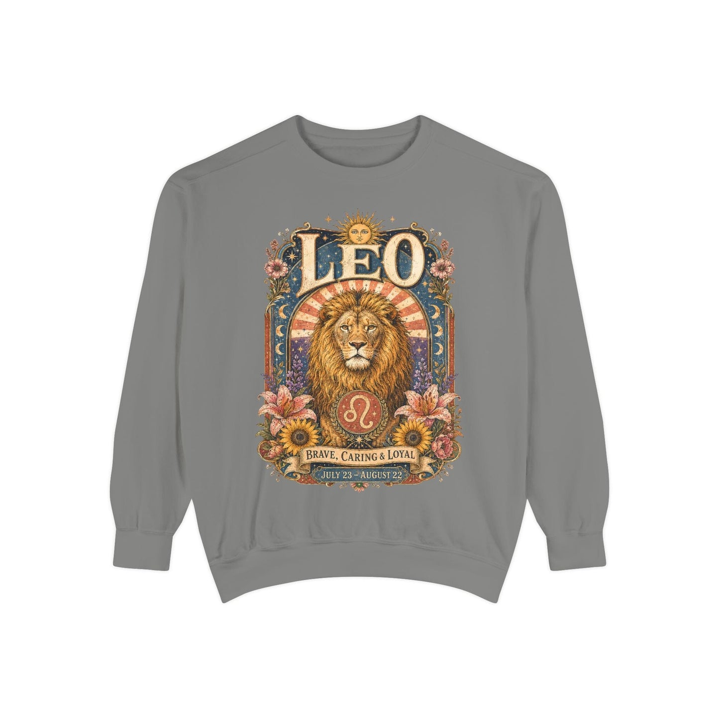 Leo Zodiac Garment-Dyed Sweatshirt – Mystic Lion Artwork