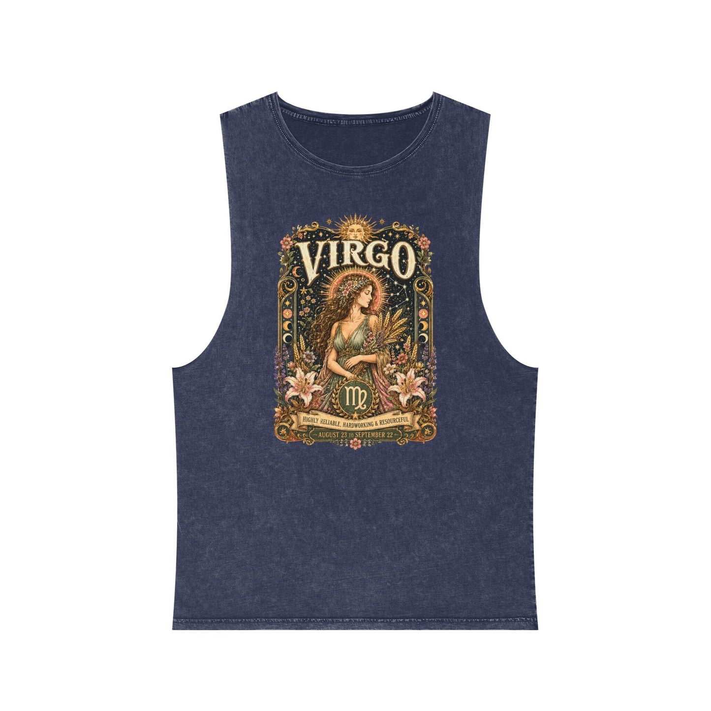 Virgo Zodiac Stonewash Tank Top – Cosmic Maiden Artwork