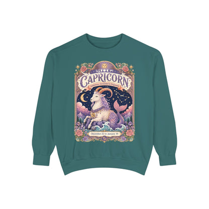 Capricorn Zodiac Garment-Dyed Sweatshirt – Mystic Sea Goat Artwork
