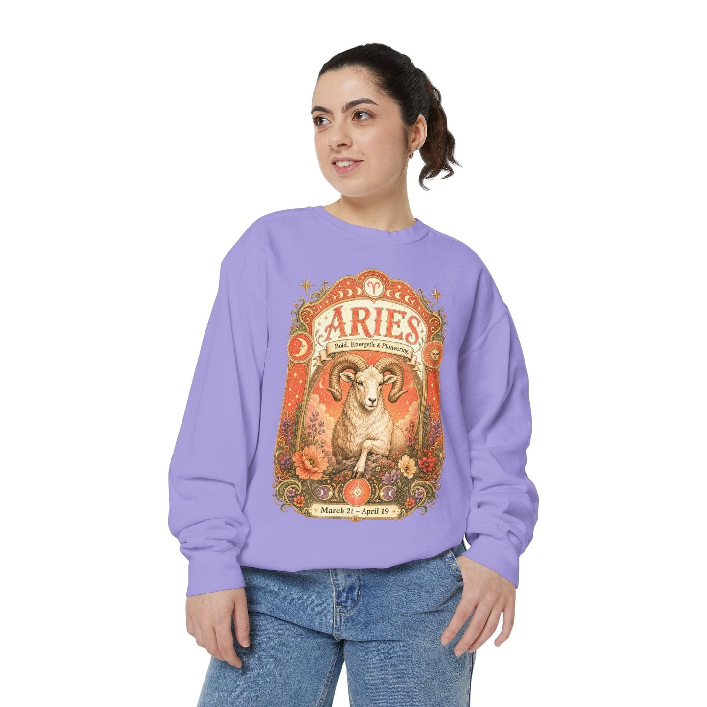 Aries Zodiac Garment-Dyed Sweatshirt – Mystic Ram Artwork