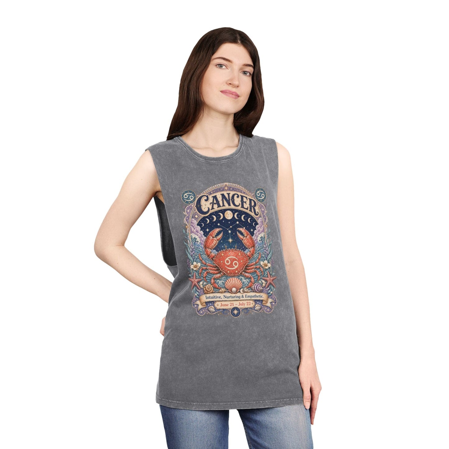 Cancer Zodiac Stonewash Tank Top – Cosmic Crab Artwork