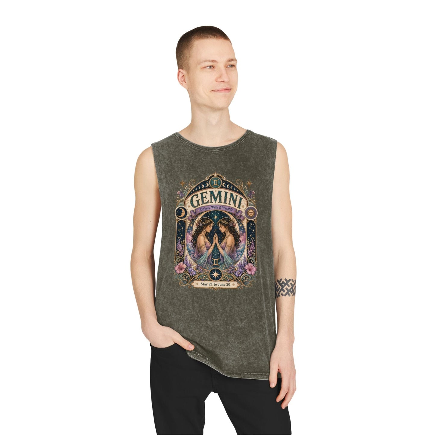 Gemini Zodiac Stonewash Tank Top – Cosmic Twins Artwork